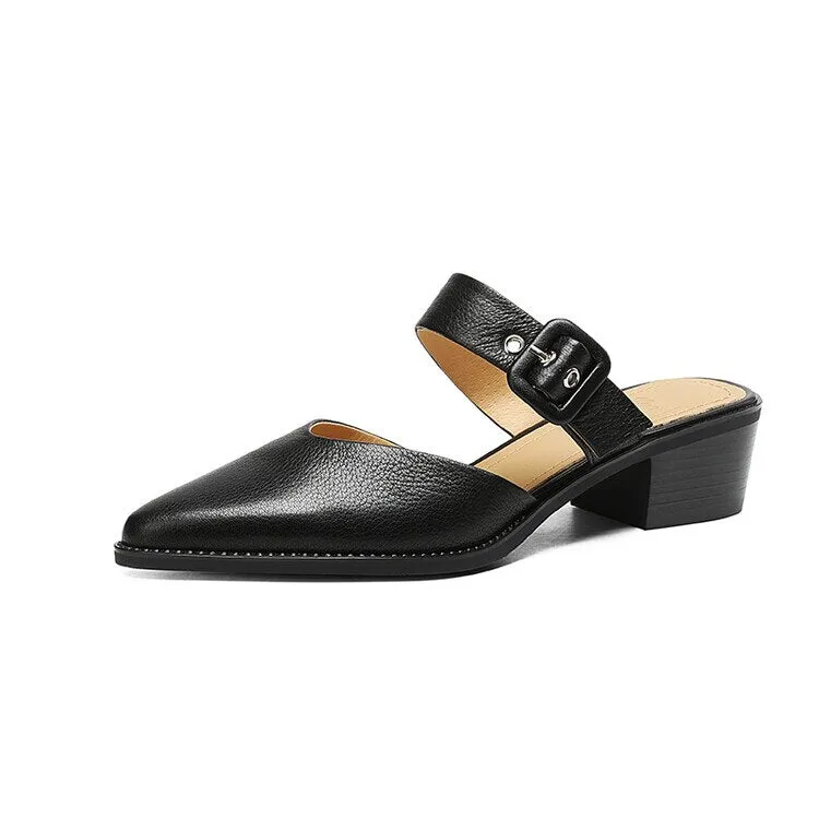 Purpdrank - 2023 Summer Women Shoes Genuine Leather Mules Shoes for Women Pointed Toe Slippers Women Chunky Heel Cover Toe Slippers Shoes Mindcraft Slippers