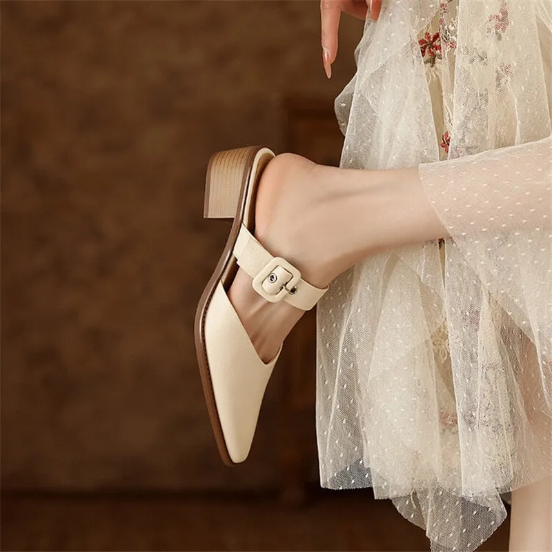 Purpdrank - 2023 Summer Women Shoes Genuine Leather Mules Shoes for Women Pointed Toe Slippers Women Chunky Heel Cover Toe Slippers Shoes Slippers Size Up Or Down