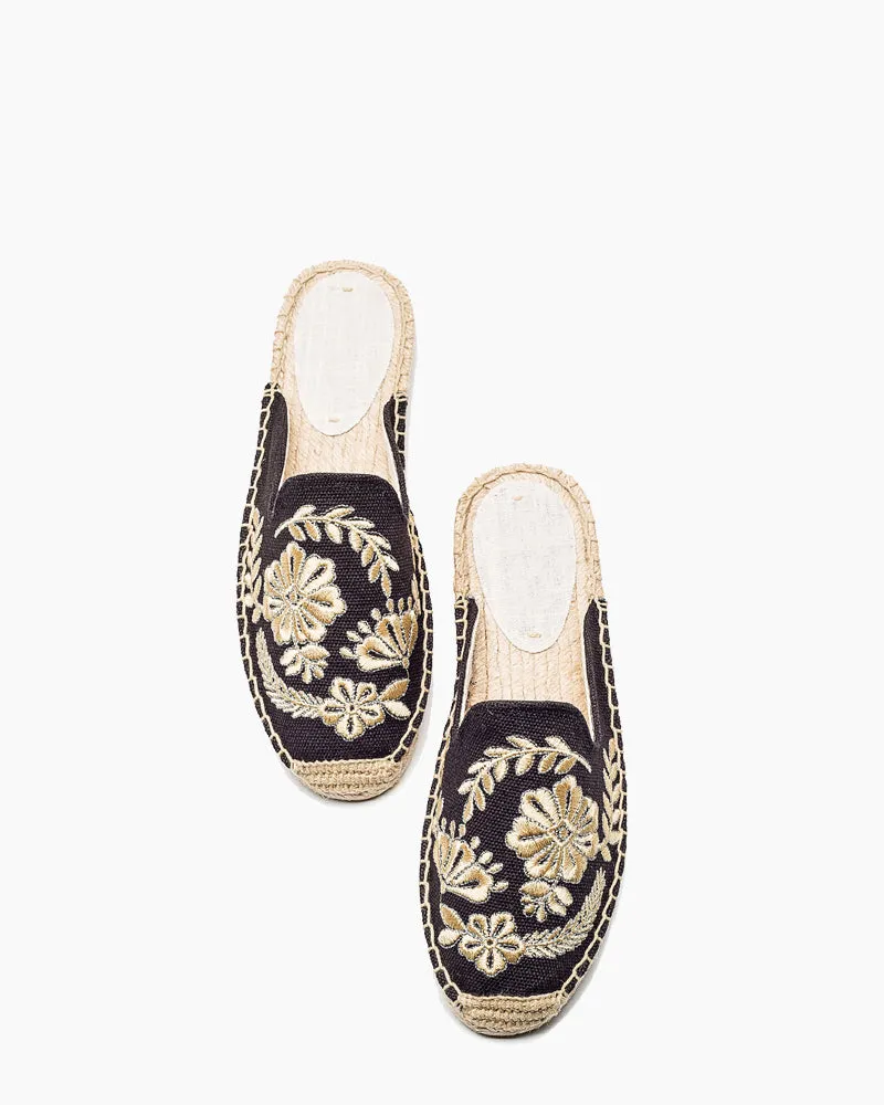 Floral Pattern Embroidered Espadrille Flat Mules Flat Soled Shoes For Lifting