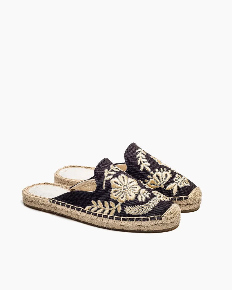Floral Pattern Embroidered Espadrille Flat Mules Flat Mule Shoes