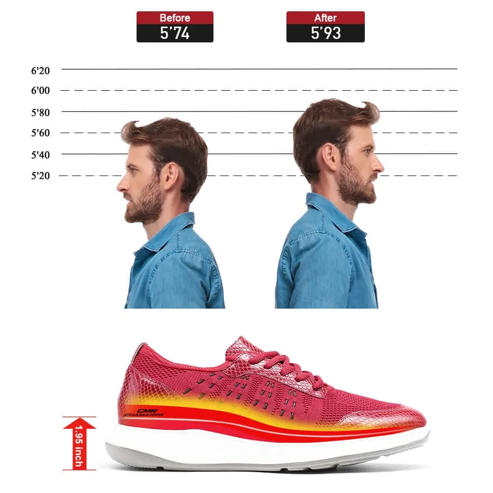 Sneakers Non Slip Shoes 5 CM/1.95 Inches CMR CHAMARIPA Taller Shoes - Red Knit Sneakers for Men - Elevate Your Height