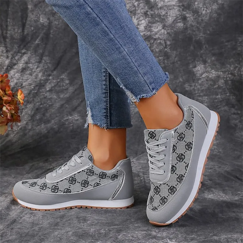 Flower Print Lace-up Sneakers Casual Fashion Lightweight Breathable Walking Running Sports Shoes Women Flats Good Running Sneakers