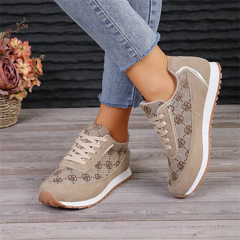 Flower Print Lace-up Sneakers Casual Fashion Lightweight Breathable Walking Running Sports Shoes Women Flats White Lacoste Sneakers