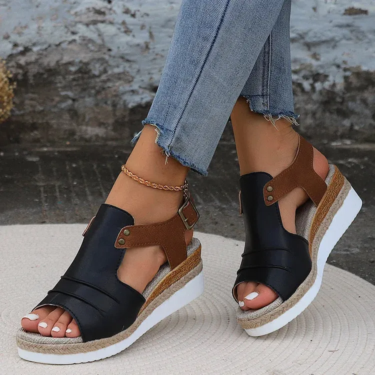 Sandals Heels  Women's Comfy Ankle Buckle Strap Platform Leather Orthopedic Sandals