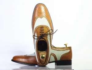 Handmade Men Brown White Wing Tip Brogue Shoes, Men Lace Up Leather Dress Shoes Wearing Flat Shoes On Leg Day