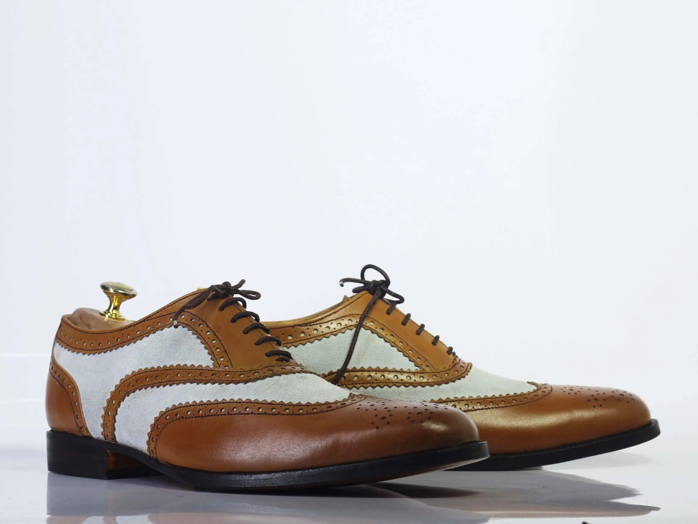 Handmade Men Brown White Wing Tip Brogue Shoes, Men Lace Up Leather Dress Shoes Fancy Flat Shoes