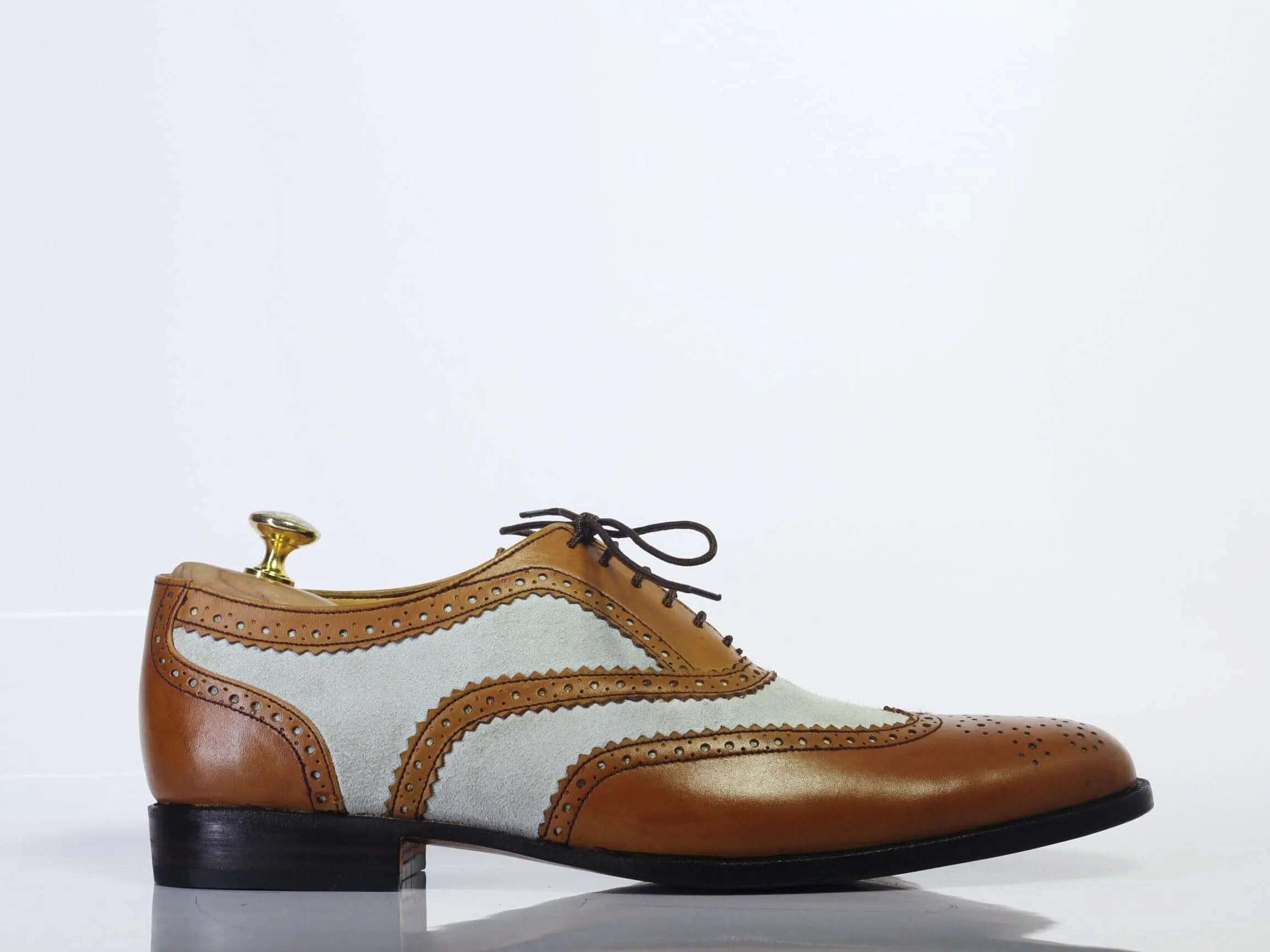 Handmade Men Brown White Wing Tip Brogue Shoes, Men Lace Up Leather Dress Shoes Flight Attendant Shoes Flats