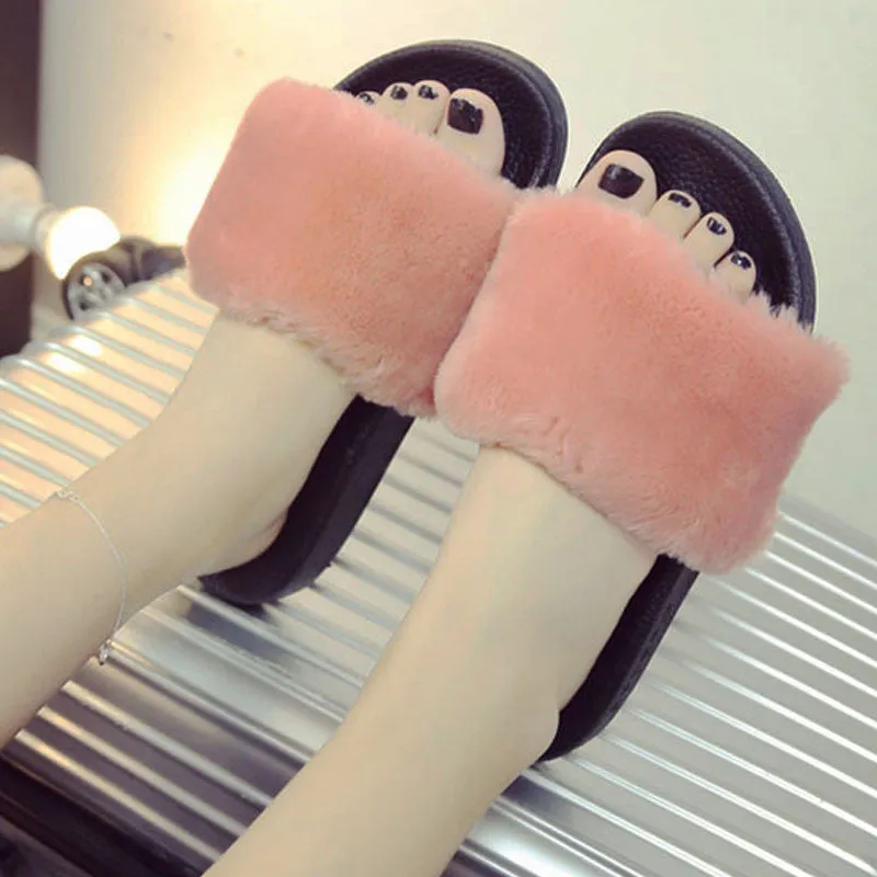 Denim Platform Sandals Fur Sandals Slippers Women Flat Slip On Fur Slides Mules Shoes Gladiator Sandals