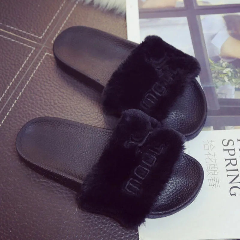 Bertuchi Sandals Fur Sandals Slippers Women Flat Slip On Fur Slides Mules Shoes Gladiator Sandals