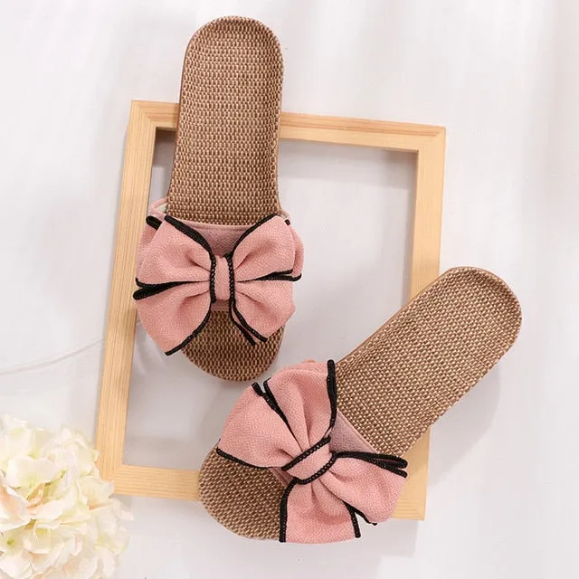 Glglgege Women Summer Casual Slides Comfortable Flax Slippers Striped Bow Linen Flip Flops Platform Sandals Ladies Indoor Shoes Bunny Flip Flops