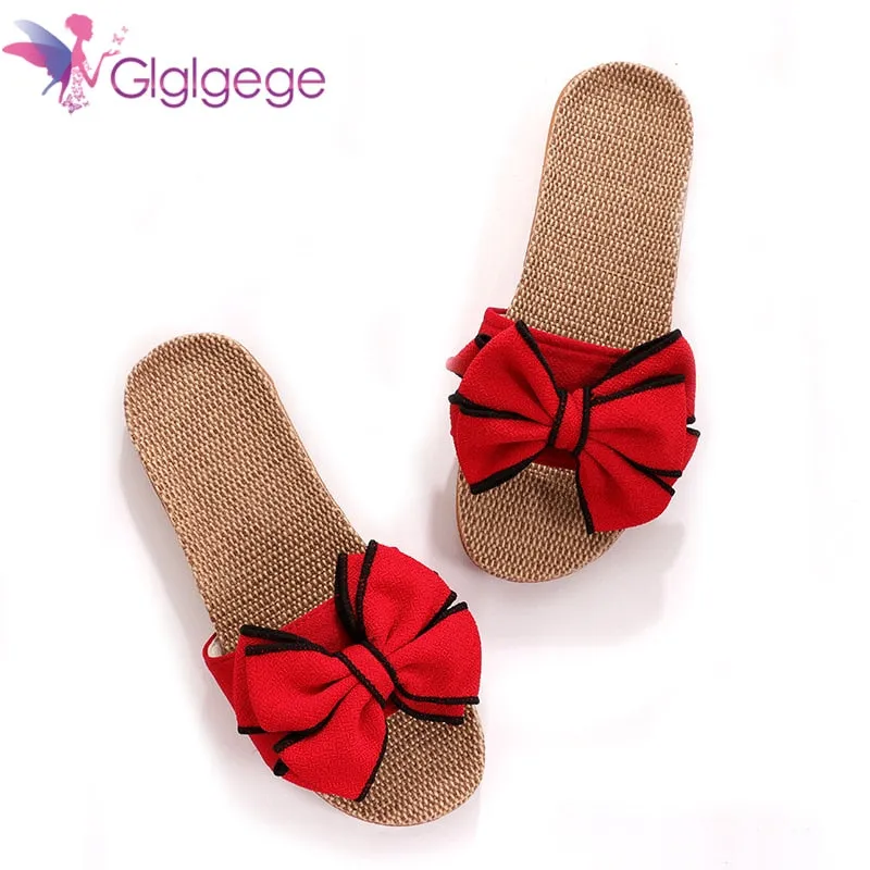 Glglgege Women Summer Casual Slides Comfortable Flax Slippers Striped Bow Linen Flip Flops Platform Sandals Ladies Indoor Shoes Trek Flip Flops