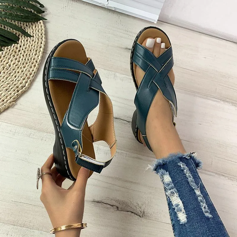 Ethnic Style Flower Frint Sandals Women Low Heel Velcro Beach Shoes Summer Sandals With A Closed Toe