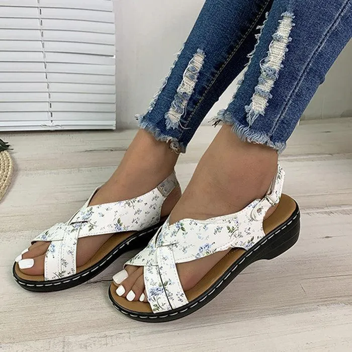 Ethnic Style Flower Frint Sandals Women Low Heel Velcro Beach Shoes Summer High Heel Pump Sandals