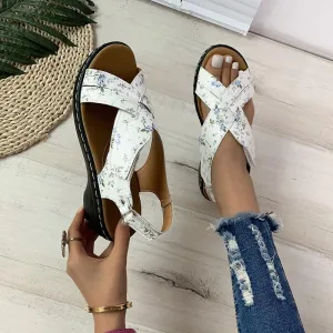 Sandals And Jeans Ethnic Style Flower Frint Sandals Women Low Heel Velcro Beach Shoes Summer