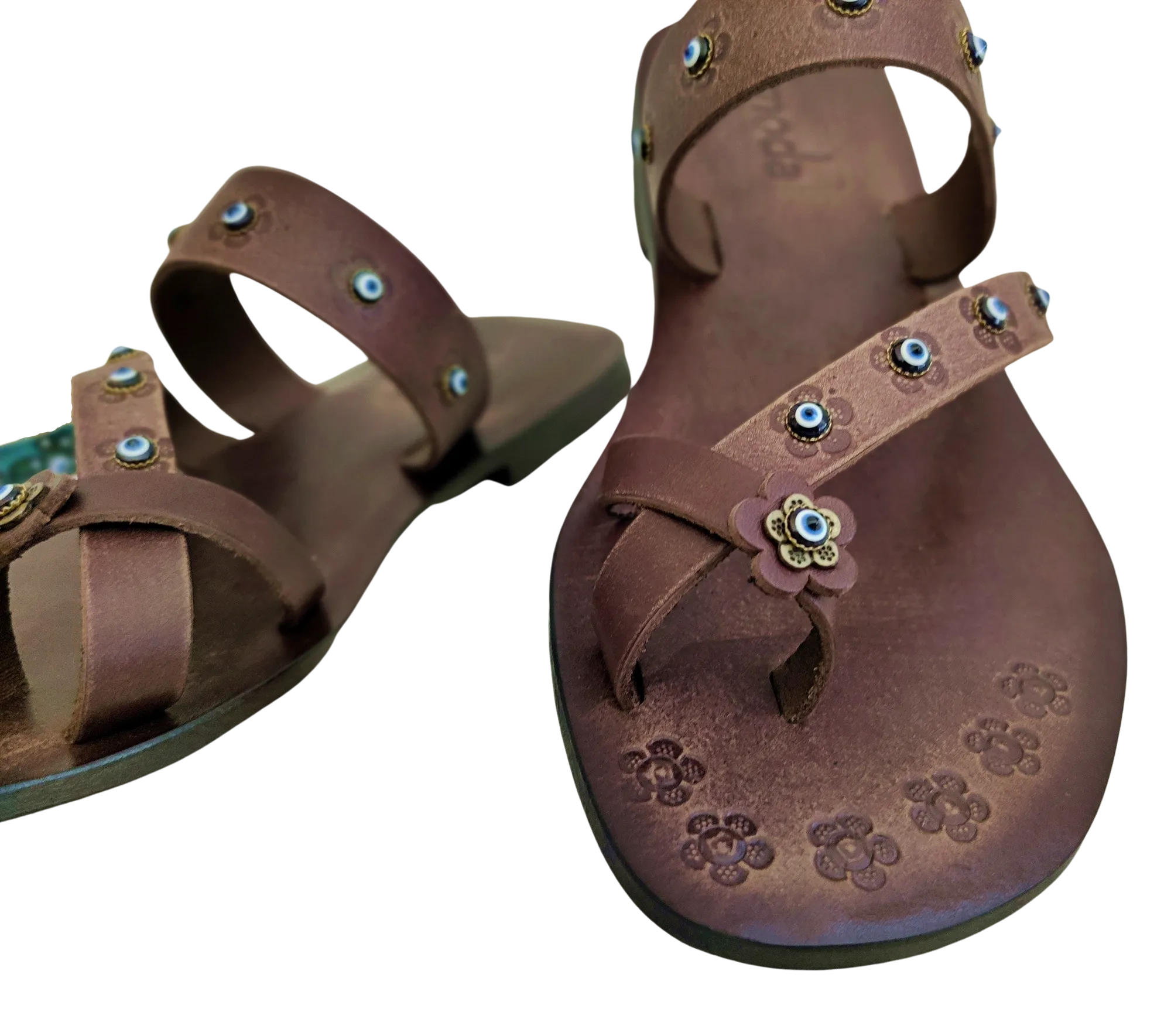 Handcrafted Flip Flop Vegetal Brown Leather Women Sandals-Life Style Shoes-Gift Espadrilles Fashion Footwear with evil eyes-Strappy Sandal Platform Flip Flop Sandals