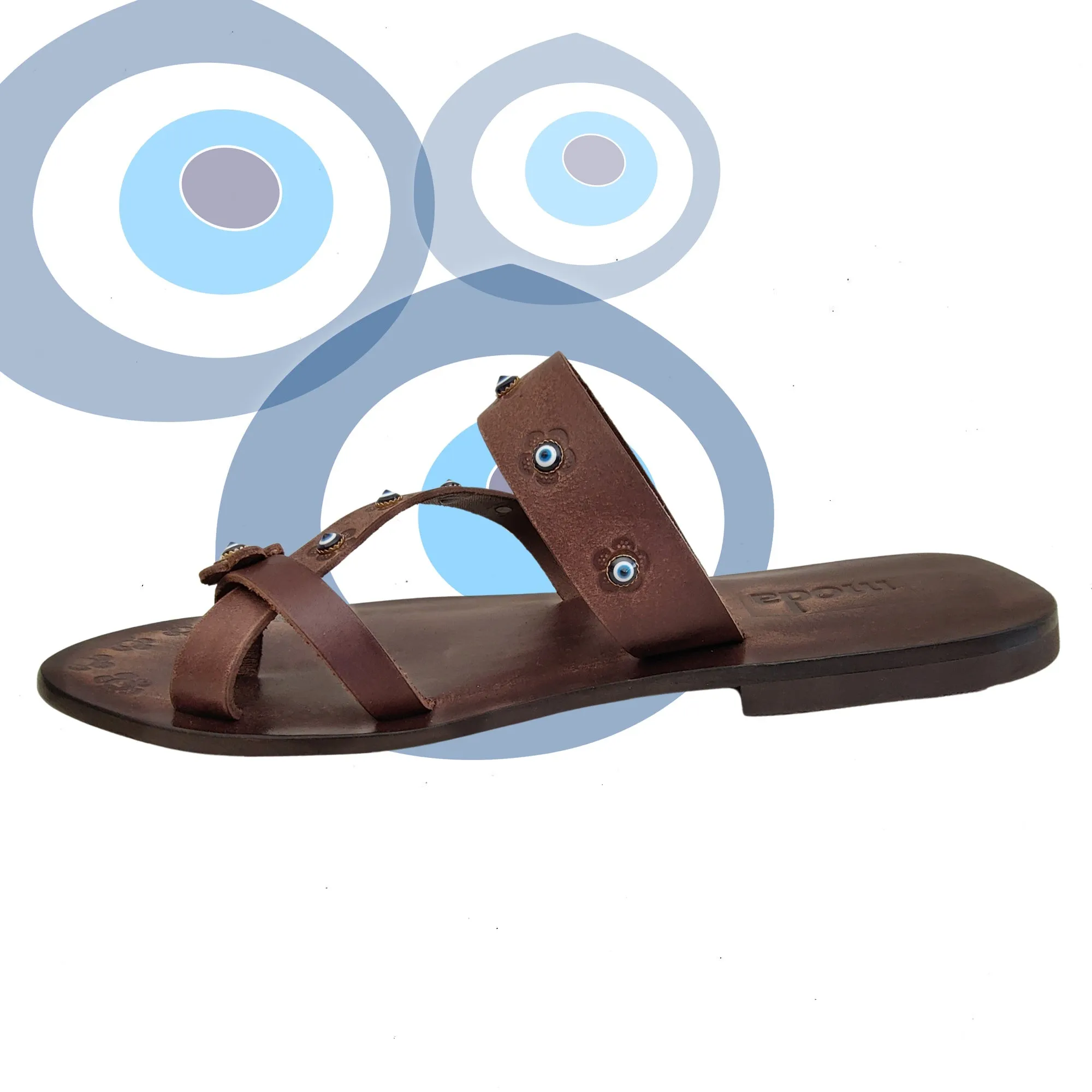 Handcrafted Flip Flop Vegetal Brown Leather Women Sandals-Life Style Shoes-Gift Espadrilles Fashion Footwear with evil eyes-Strappy Sandal Flip Flops Ugly