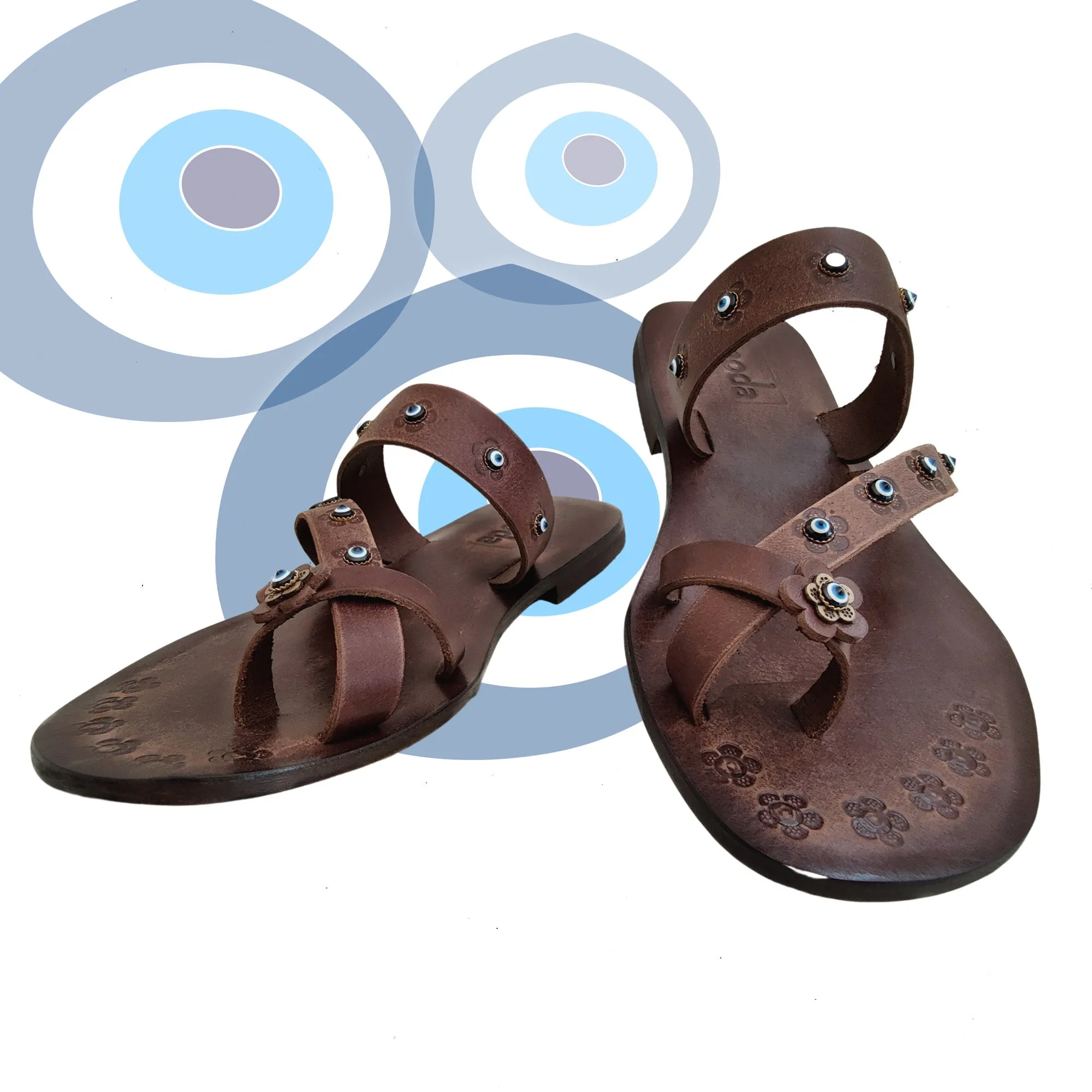 Super Soft Flip Flops Handcrafted Flip Flop Vegetal Brown Leather Women Sandals-Life Style Shoes-Gift Espadrilles Fashion Footwear with evil eyes-Strappy Sandal