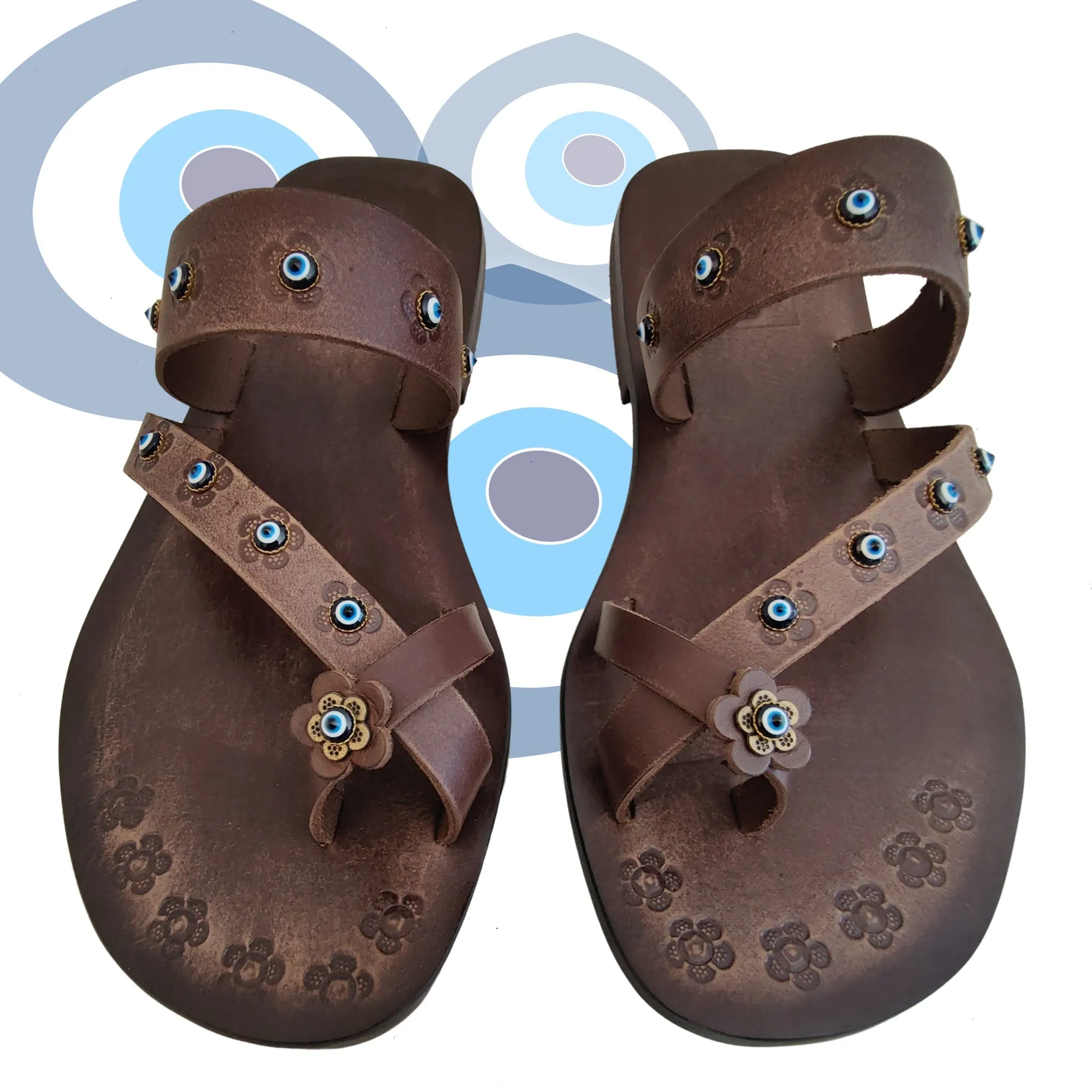 Bow Tie Jelly Flip Flops Handcrafted Flip Flop Vegetal Brown Leather Women Sandals-Life Style Shoes-Gift Espadrilles Fashion Footwear with evil eyes-Strappy Sandal