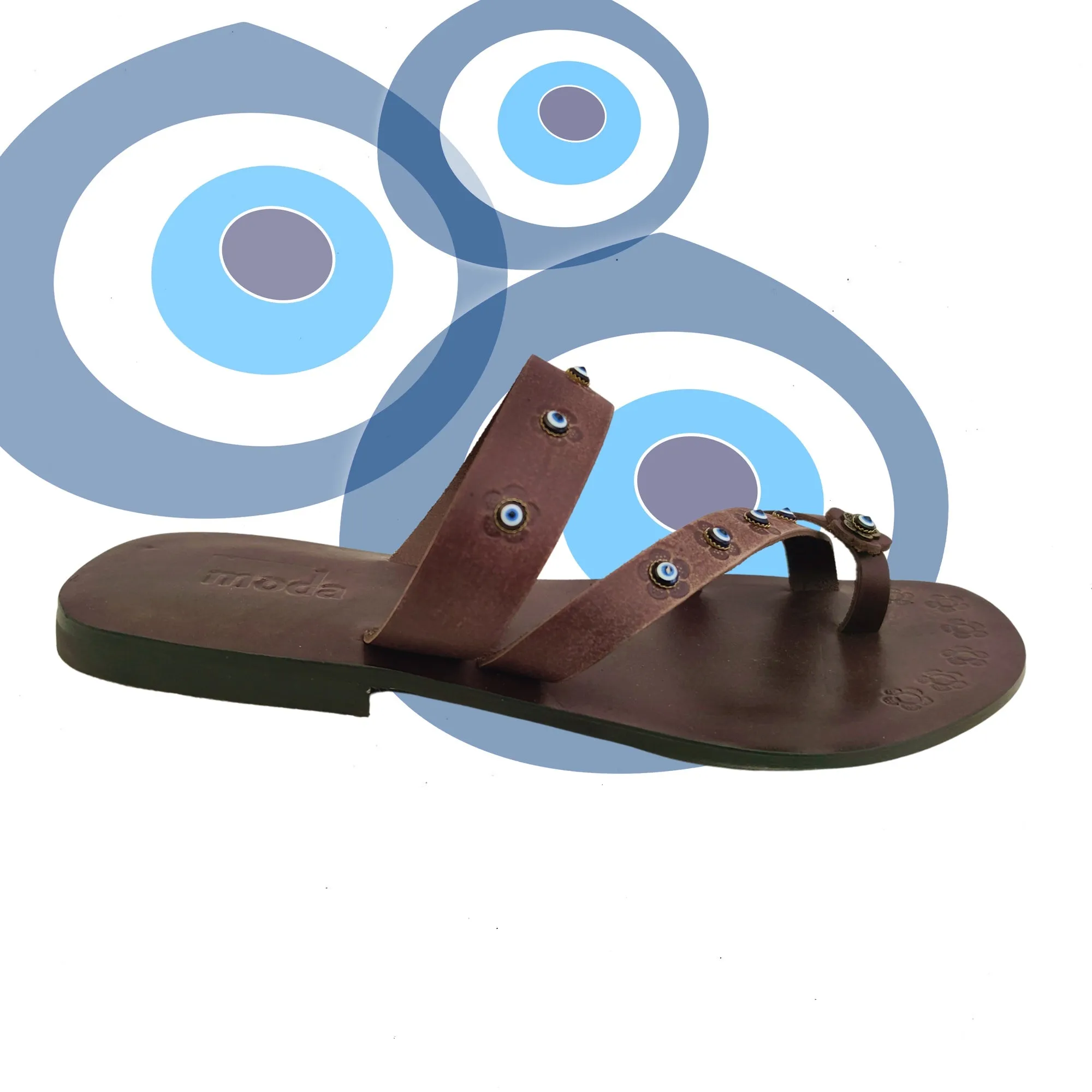 Flip Flops With Arch And Heel Support Handcrafted Flip Flop Vegetal Brown Leather Women Sandals-Life Style Shoes-Gift Espadrilles Fashion Footwear with evil eyes-Strappy Sandal