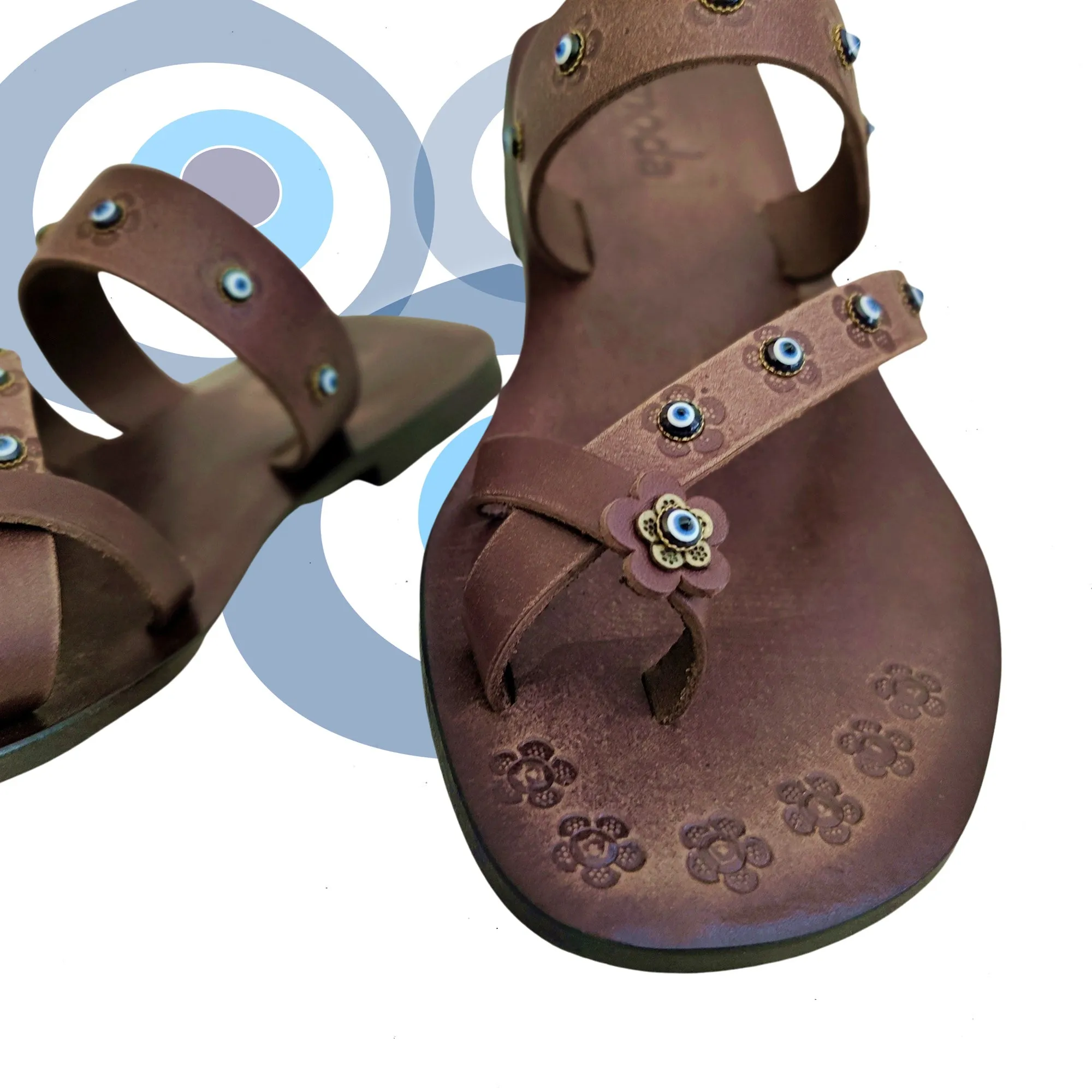 Handcrafted Flip Flop Vegetal Brown Leather Women Sandals-Life Style Shoes-Gift Espadrilles Fashion Footwear with evil eyes-Strappy Sandal Comfortable Dressy Flip Flops