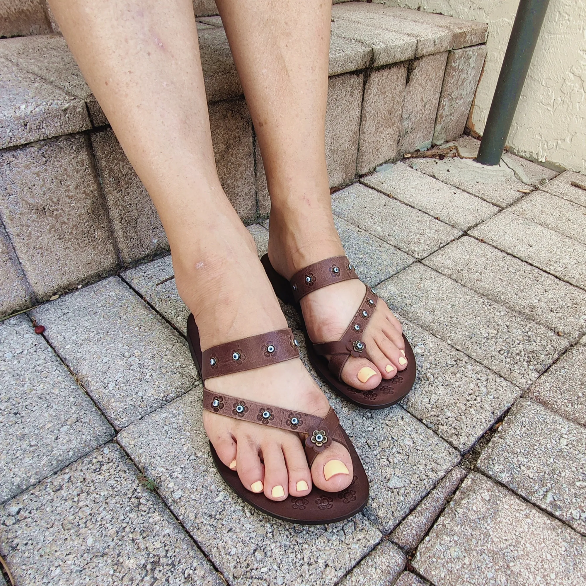 Handcrafted Flip Flop Vegetal Brown Leather Women Sandals-Life Style Shoes-Gift Espadrilles Fashion Footwear with evil eyes-Strappy Sandal Pillow Flip Flops