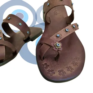 Platform Sandals Handcrafted Flip Flop Vegetal Brown Leather Women Sandals-Life Style Shoes-Gift Espadrilles Fashion Footwear with evil eyes-Strappy Sandal