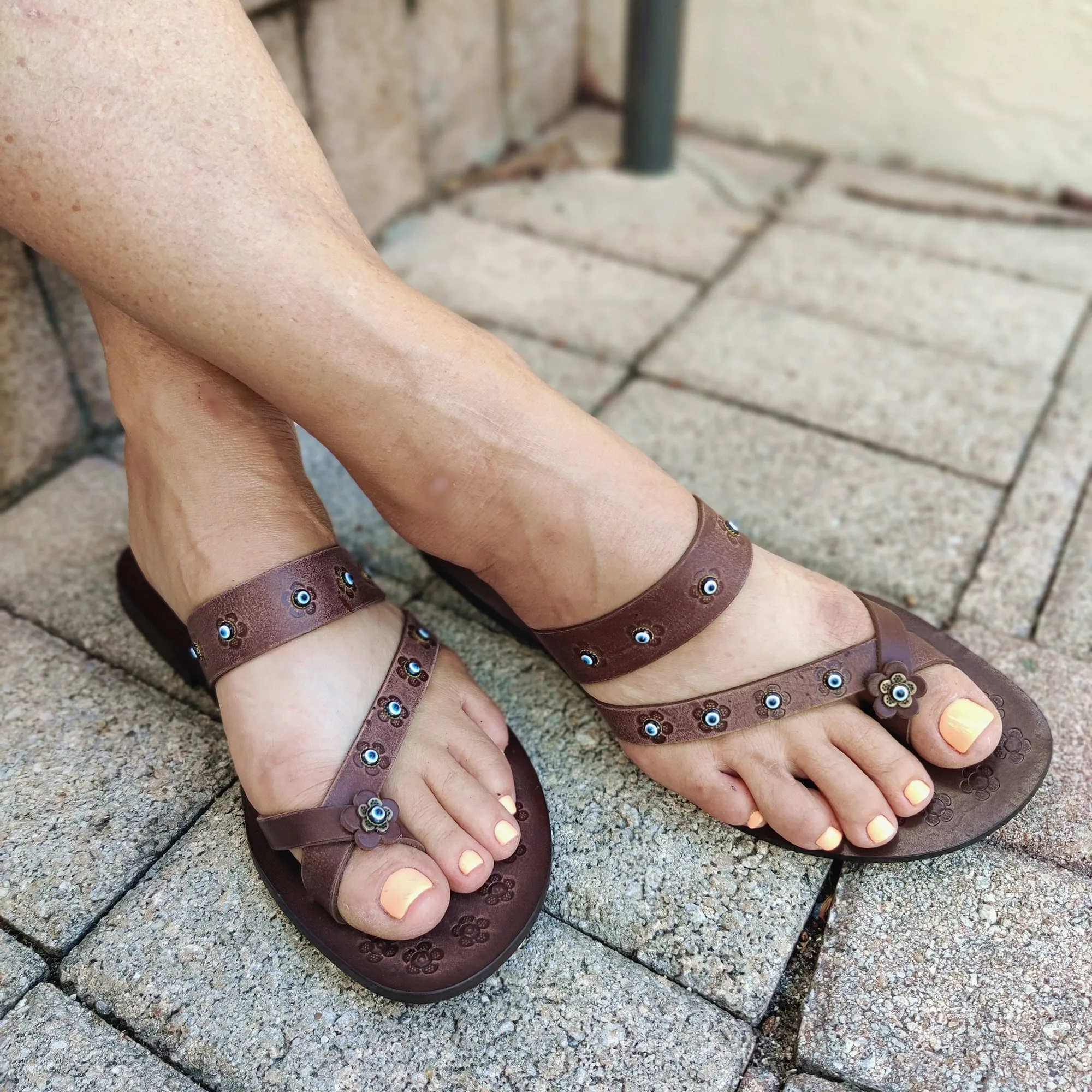 Handcrafted Flip Flop Vegetal Brown Leather Women Sandals-Life Style Shoes-Gift Espadrilles Fashion Footwear with evil eyes-Strappy Sandal Comfortable Summer Flip Flops