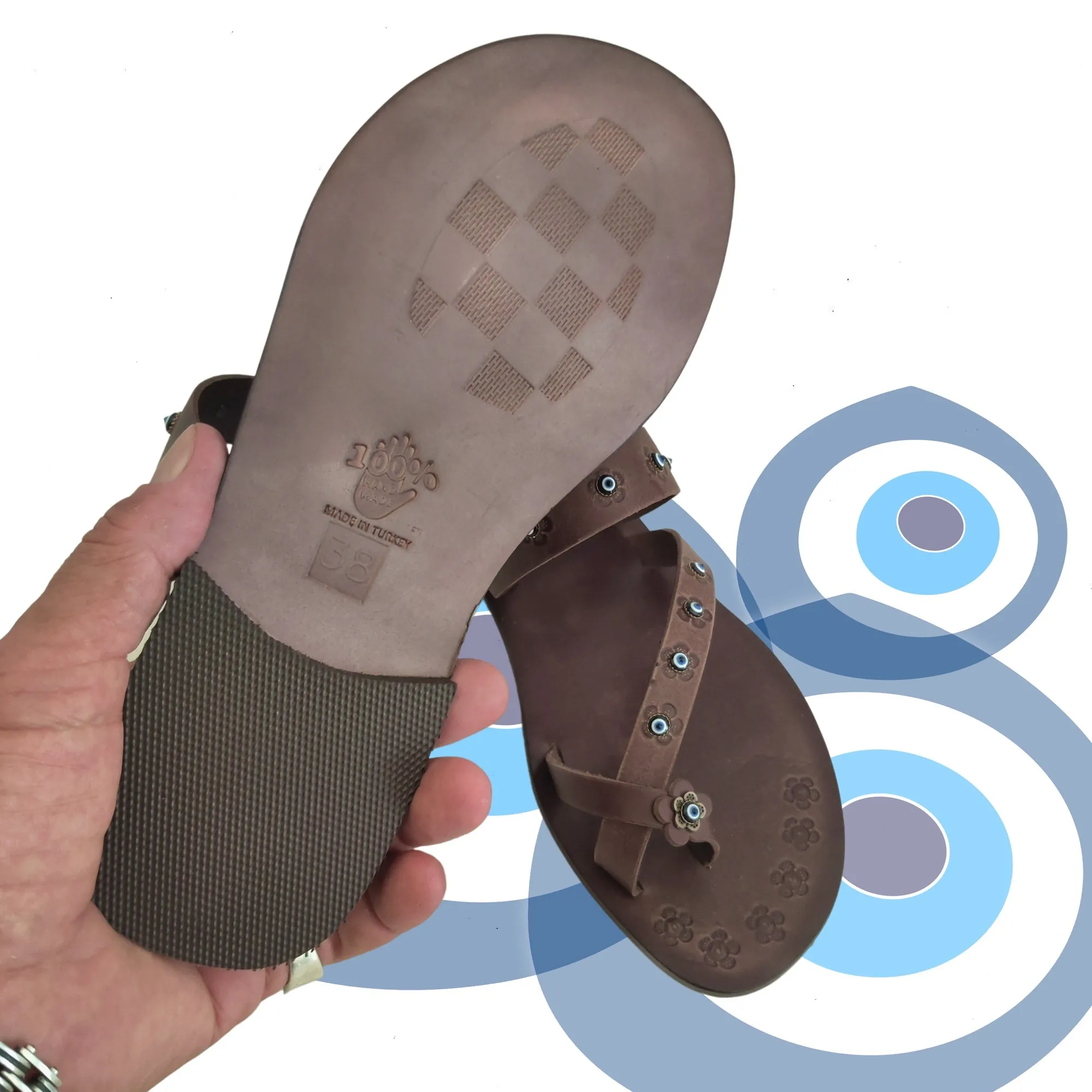 Airport Flip Flops Handcrafted Flip Flop Vegetal Brown Leather Women Sandals-Life Style Shoes-Gift Espadrilles Fashion Footwear with evil eyes-Strappy Sandal