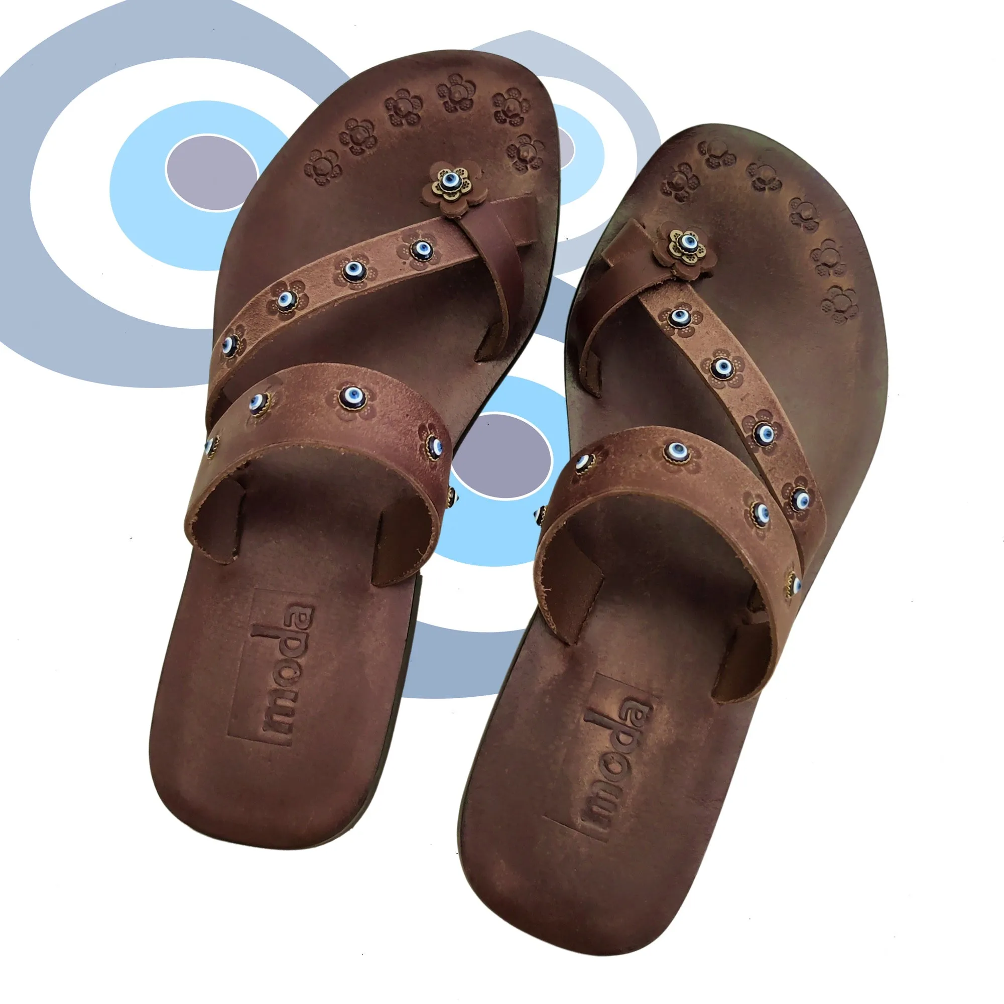 Pirates Flip Flops Handcrafted Flip Flop Vegetal Brown Leather Women Sandals-Life Style Shoes-Gift Espadrilles Fashion Footwear with evil eyes-Strappy Sandal