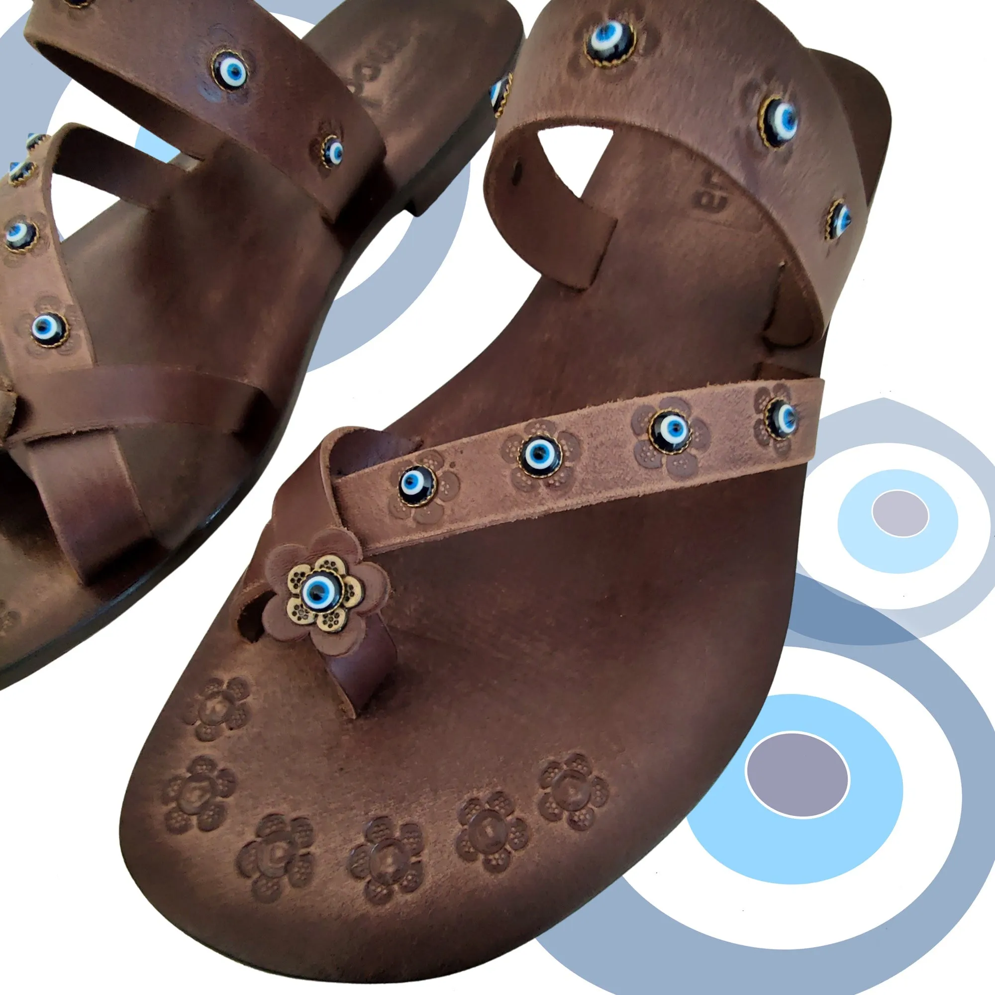 Handcrafted Flip Flop Vegetal Brown Leather Women Sandals-Life Style Shoes-Gift Espadrilles Fashion Footwear with evil eyes-Strappy Sandal Flip Flops Bulk Wedding