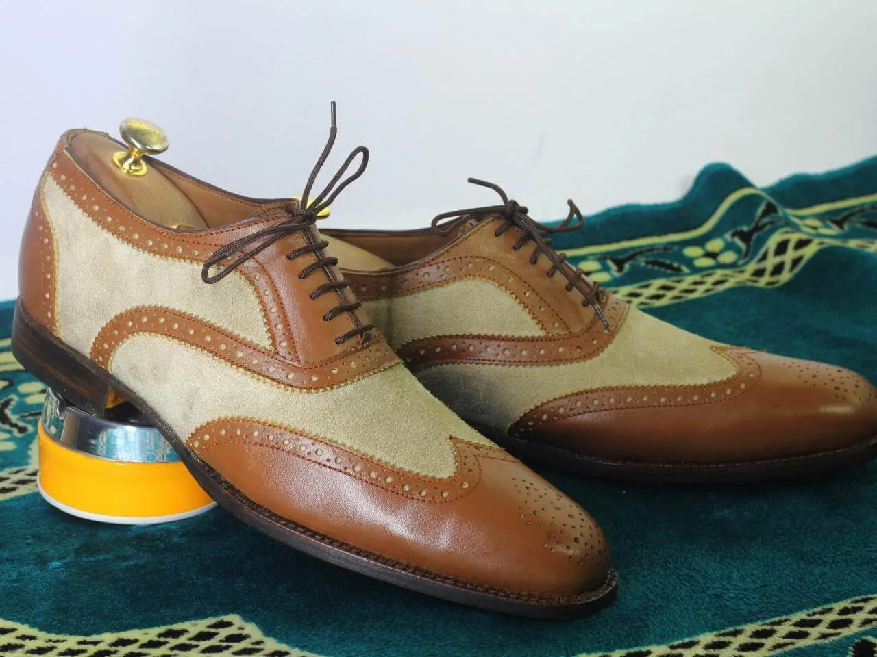 Handmade Men Brown Beige Wing Tip Brogue Shoes, Men Leather Suede Lace Up Shoes Shoe Dept Flats