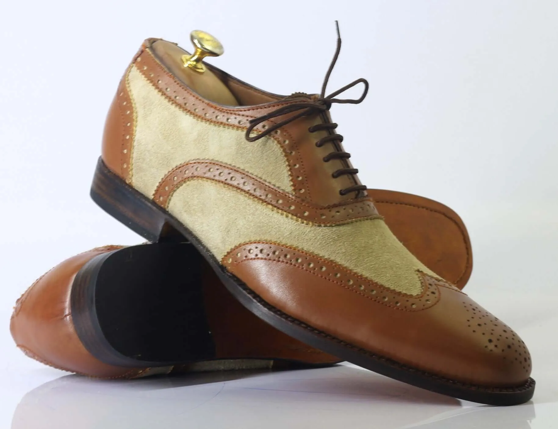 Handmade Men Brown Beige Wing Tip Brogue Shoes, Men Leather Suede Lace Up Shoes Flat Shoes Party Dress