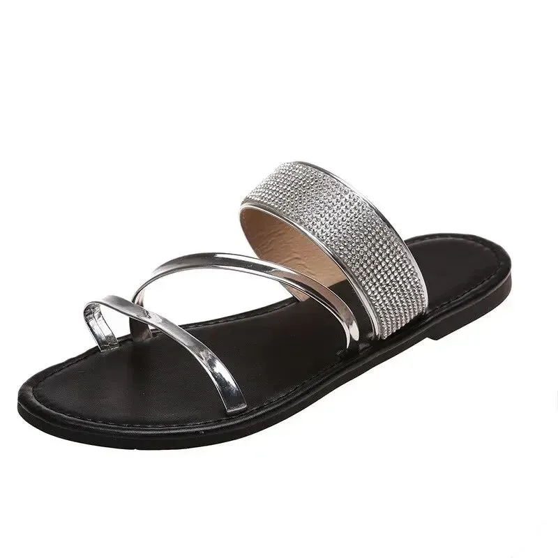 Sandals Grand Antigua Summer Sandals for Women Flat Sandal Sparkle Rhinestone Slide Trendy Women's Beach Sparkly Dressy Slip on Bling Casual Shoes