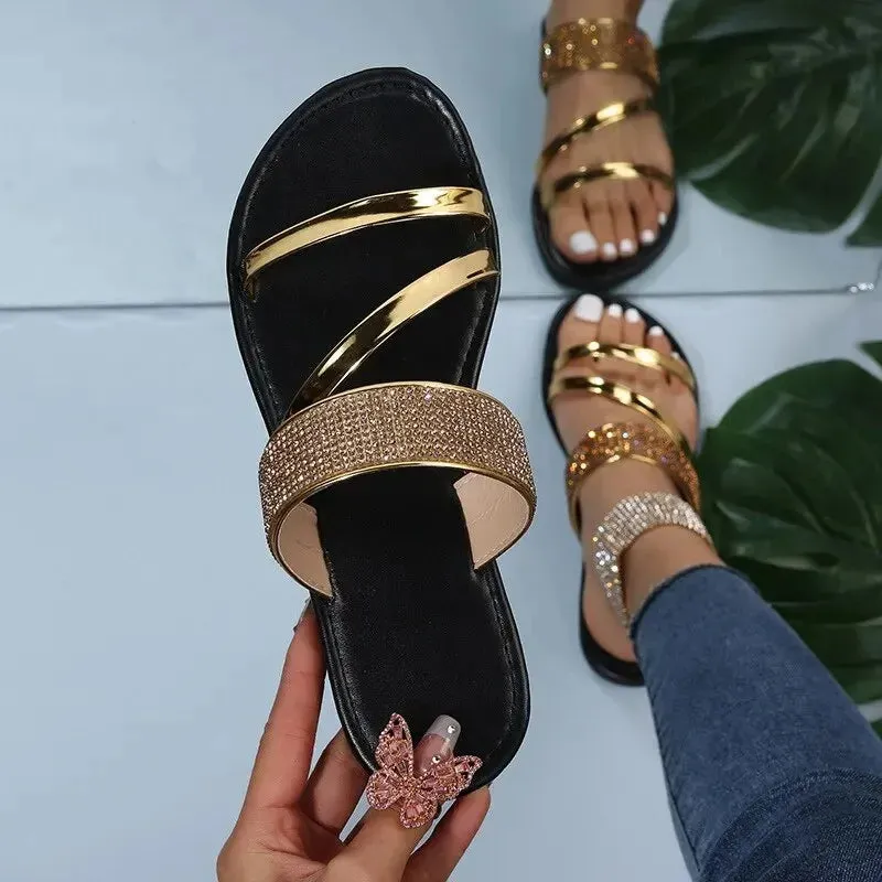 Summer Sandals for Women Flat Sandal Sparkle Rhinestone Slide Trendy Women's Beach Sparkly Dressy Slip on Bling Casual Shoes All Saints Sandals