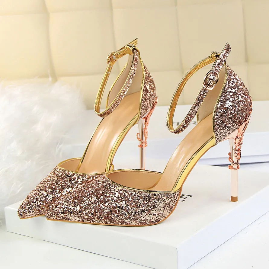 Sandals On High Heels Sandals Scarpins Metal Heels Sandals Strap Stiletto Glitter Gold Pumps