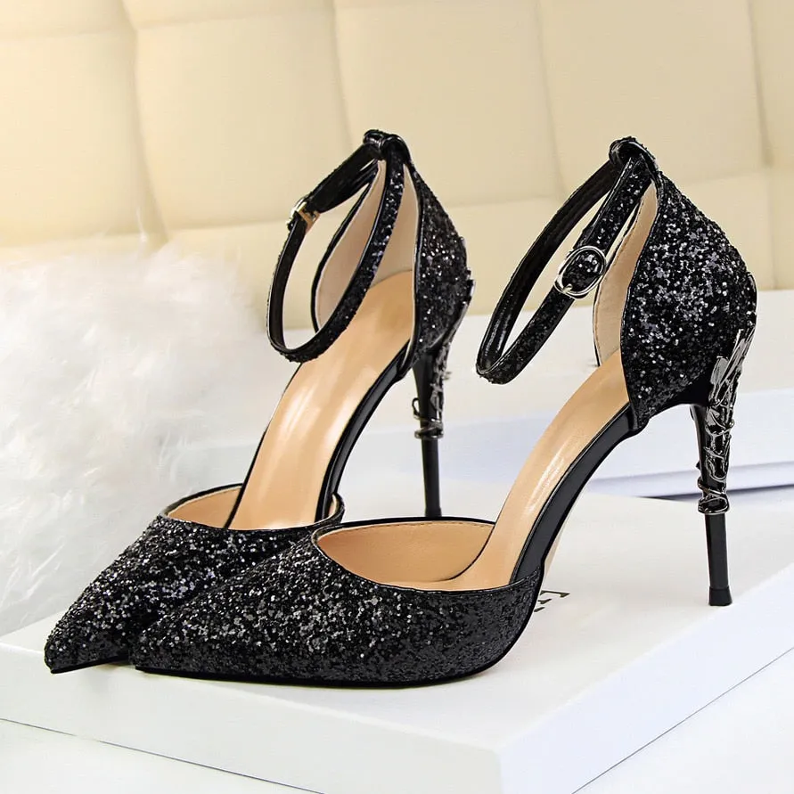 High Heels Sandals Scarpins Metal Heels Sandals Strap Stiletto Glitter Gold Pumps Slide On Sandals