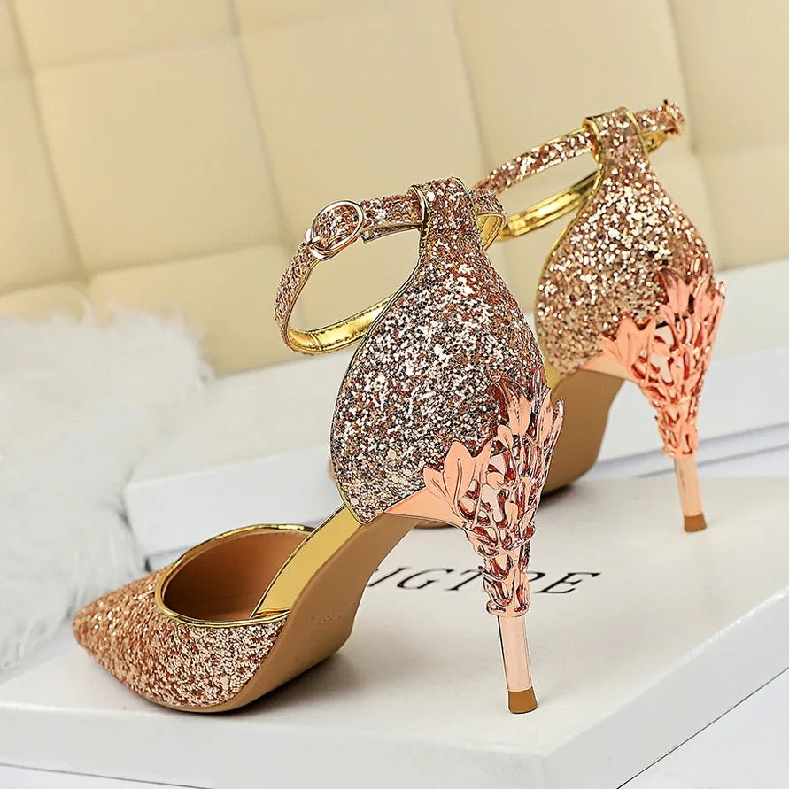 High Heels Sandals Scarpins Metal Heels Sandals Strap Stiletto Glitter Gold Pumps Strappy Sandals