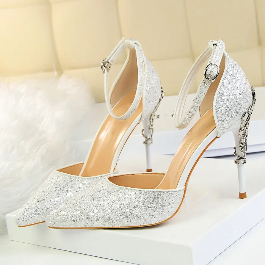High Heels Sandals Scarpins Metal Heels Sandals Strap Stiletto Glitter Gold Pumps Sandals Royal Plantation Jamaica