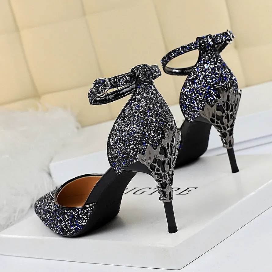 High Heels Sandals Scarpins Metal Heels Sandals Strap Stiletto Glitter Gold Pumps Sandals Infant