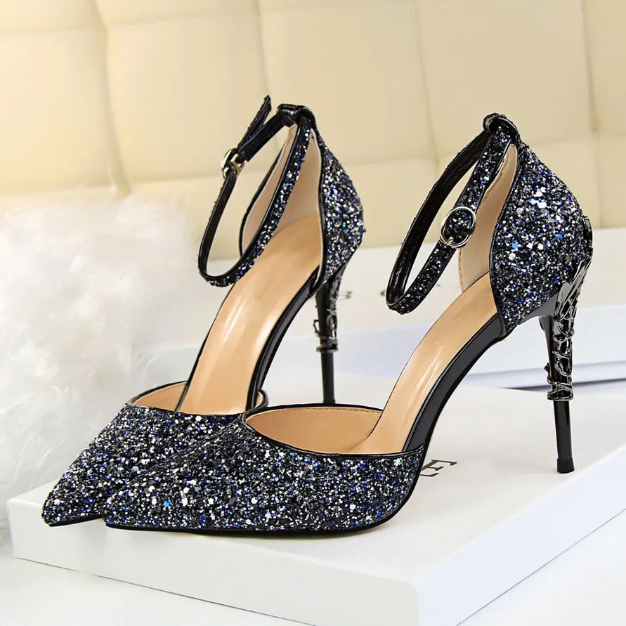 High Heels Sandals Scarpins Metal Heels Sandals Strap Stiletto Glitter Gold Pumps Cork Sole Sandals