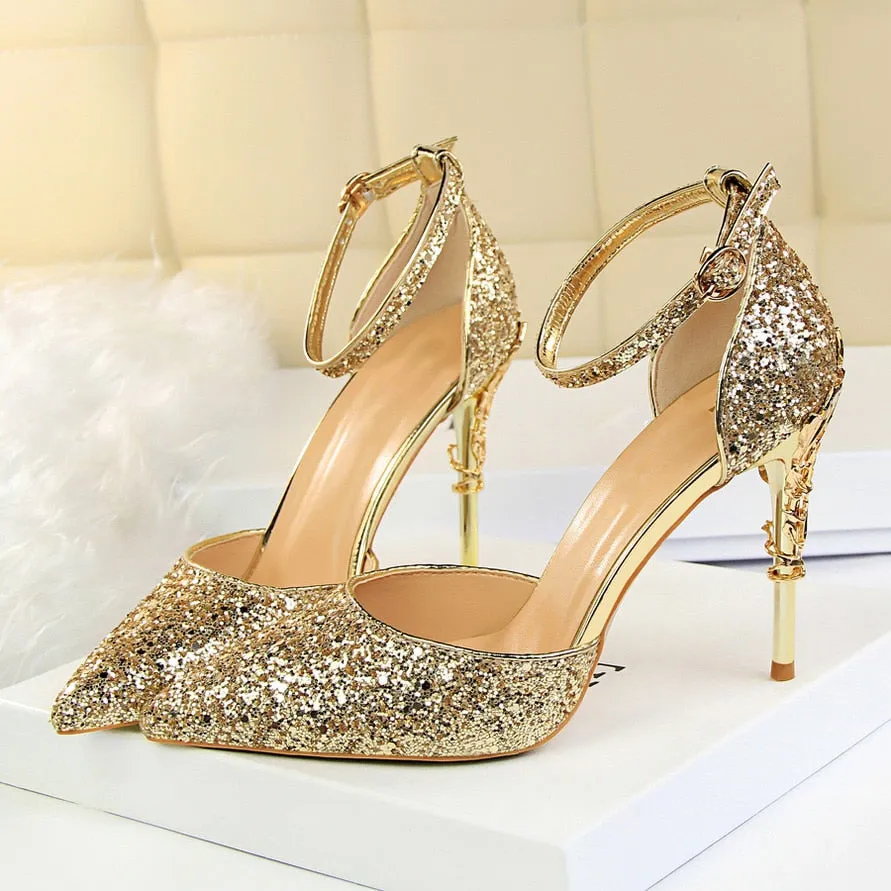 High Heels Sandals Scarpins Metal Heels Sandals Strap Stiletto Glitter Gold Pumps Cross Strap Sandals