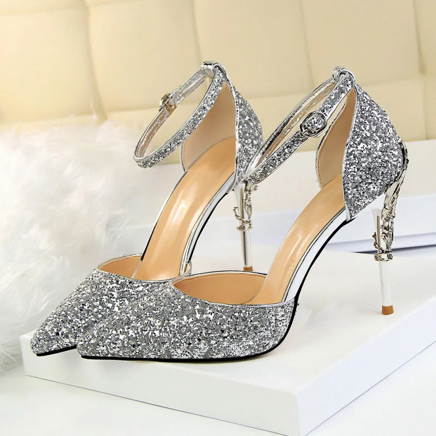 Sandals Wedge Heels High Heels Sandals Scarpins Metal Heels Sandals Strap Stiletto Glitter Gold Pumps