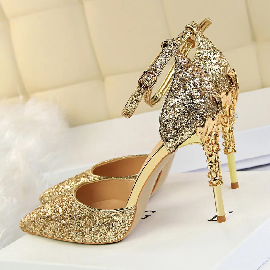 High Heels Sandals Scarpins Metal Heels Sandals Strap Stiletto Glitter Gold Pumps Academy Sports Sandals