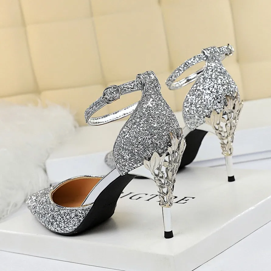 Comfortable Dressy Sandals High Heels Sandals Scarpins Metal Heels Sandals Strap Stiletto Glitter Gold Pumps