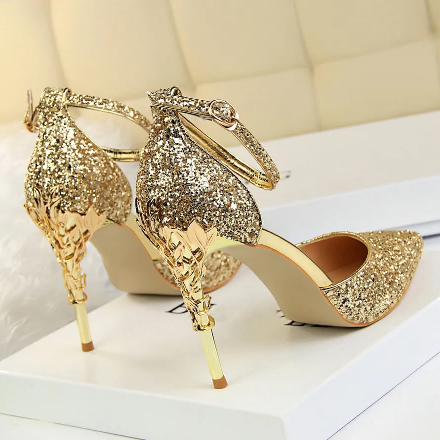 Support Inserts For Sandals High Heels Sandals Scarpins Metal Heels Sandals Strap Stiletto Glitter Gold Pumps