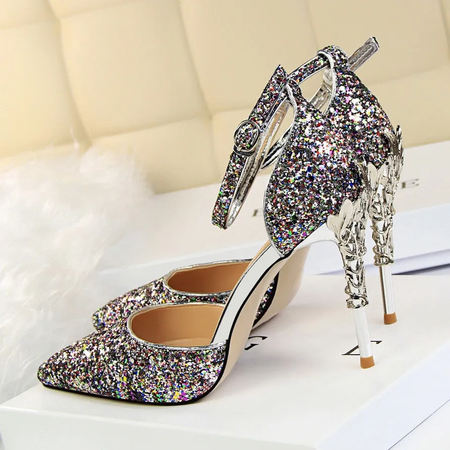Sandals Flower High Heels Sandals Scarpins Metal Heels Sandals Strap Stiletto Glitter Gold Pumps