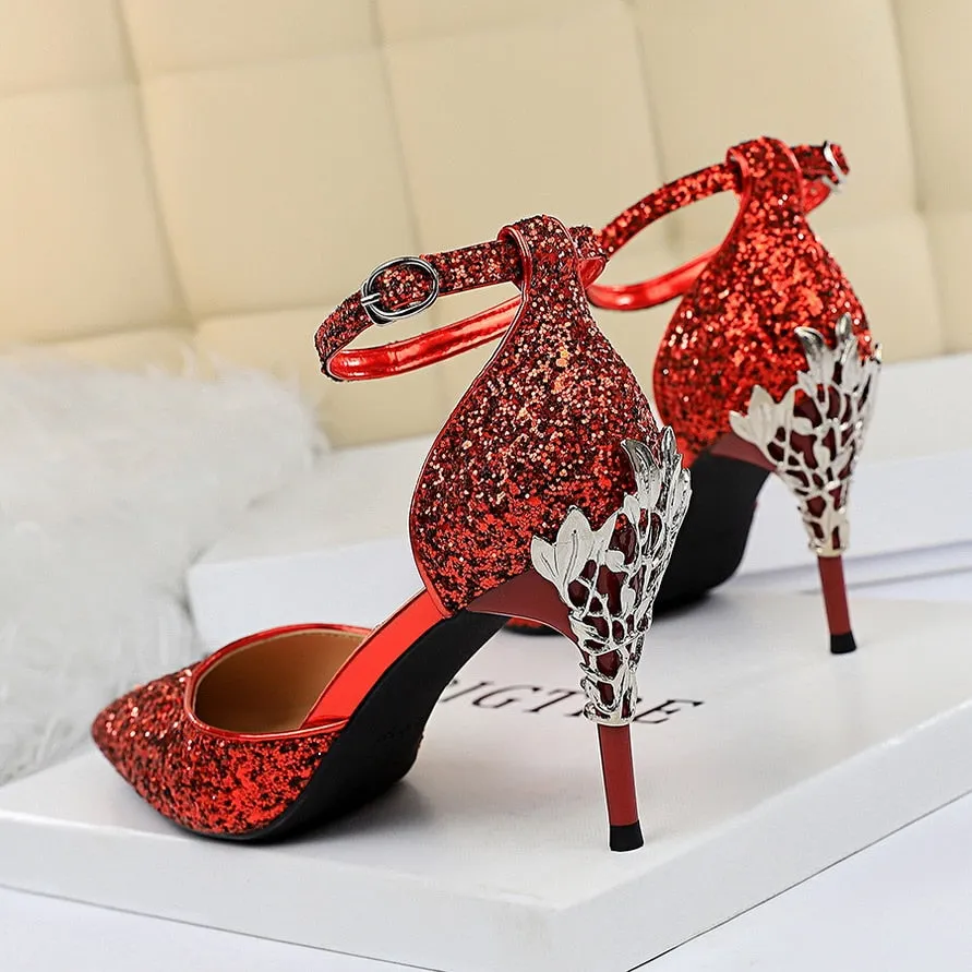 Sandals With Dress High Heels Sandals Scarpins Metal Heels Sandals Strap Stiletto Glitter Gold Pumps
