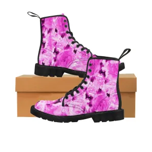 Soft Toe Flip Flops Hot Pink Floral Women's Boots, Rose Premium Designer Winter Lace-up Toe Cap Boots For Ladies