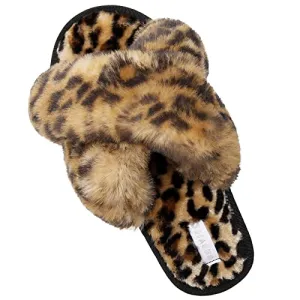JIASUQI Women's Cross Band Fuzzy House Slippers Soft Plush Furry Faux Fur House Indoor Outdoor Slippers for Women Leopard 8-9 Slide Rx