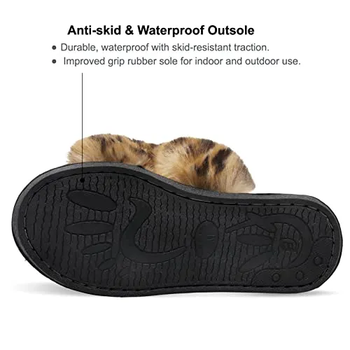 JIASUQI Women's Cross Band Fuzzy House Slippers Soft Plush Furry Faux Fur House Indoor Outdoor Slippers for Women Leopard 8-9 Bambas Slippers